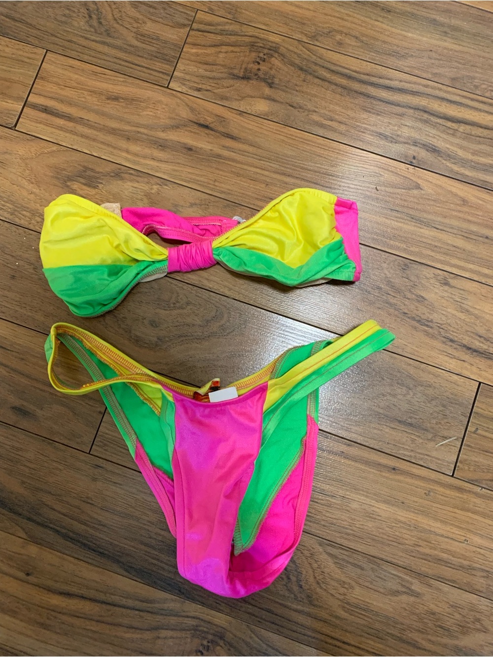 Vintage Neon Bandeau Bikini Set - Pink, Yellow & Green